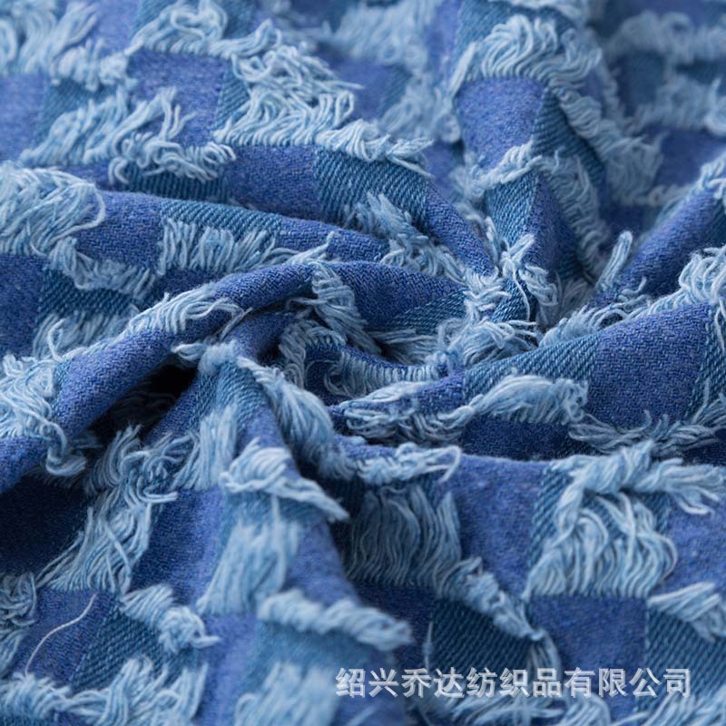 Picture of Tassel chessboard Plaid jacquard Denim fabric coat rinse washed Denim cotton cut flower texture clothing fabric