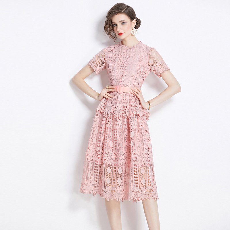 Retro court style elegant short sleeve round neck waist slimming A- line crochet hollow lace dress elegant dress