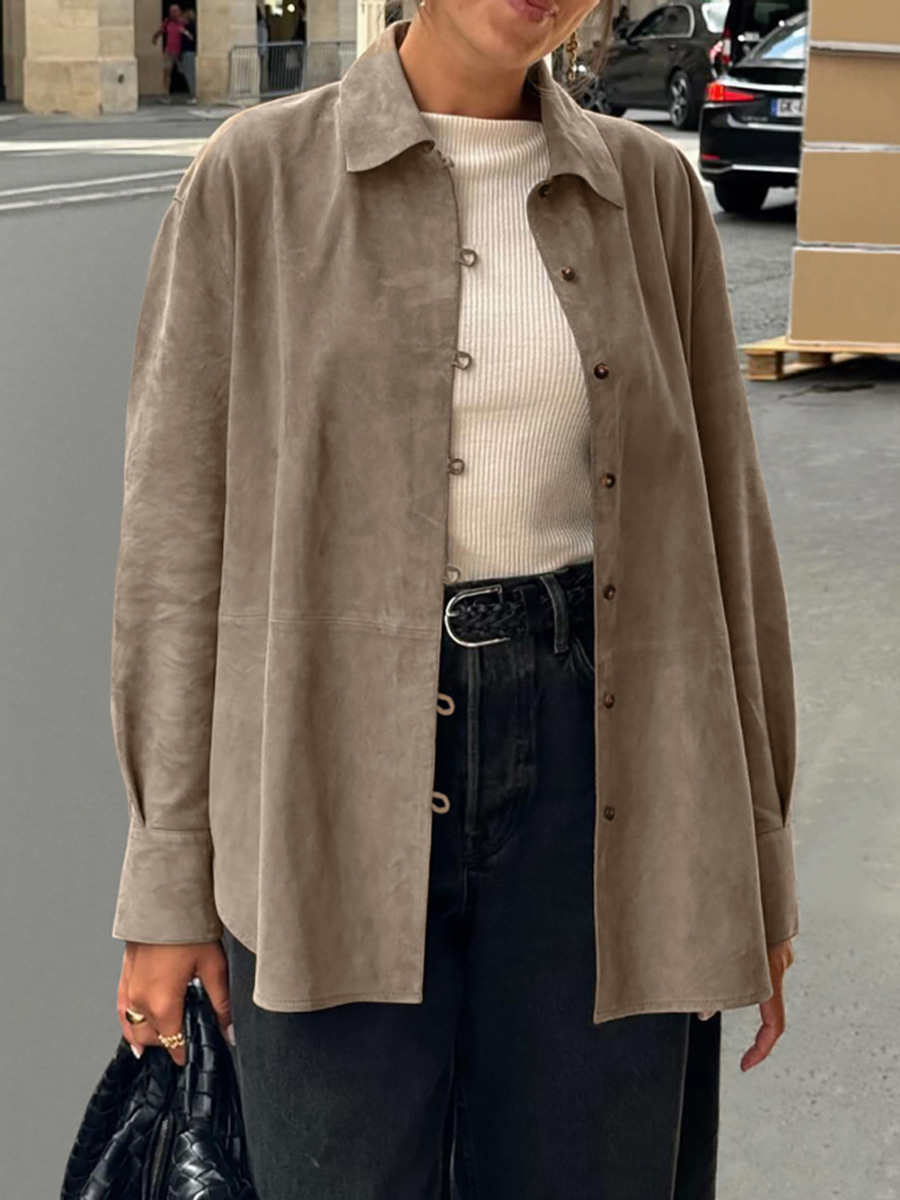 European and American Retro Brown Suede Shirt 2025 Autumn and Winter Niche Loose Mid-Length Cardigan Top Export Women's Clothing