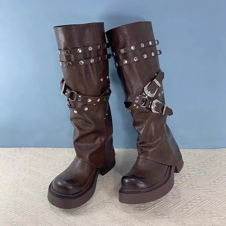 Autumn 2025 New Maillard trouser boots Women's Retro Round Toe Niche Design Sense Long Boots Rivet Knight Boots