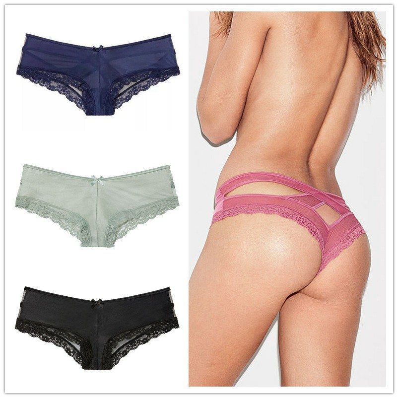 PINK Sexy Cross Hollow Transparent Sexy Lace Ice Silk Sexy thongs Bikini T-pants Women's Panties