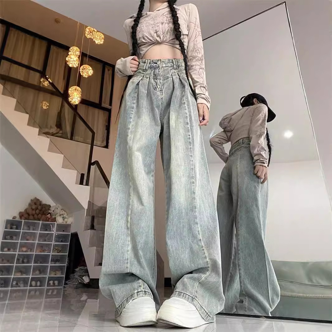 Vintage light blue Pleated Wide Leg Jeans Women's Autumn New High Waist Loose Flesh Covering Slimming Straight Pants