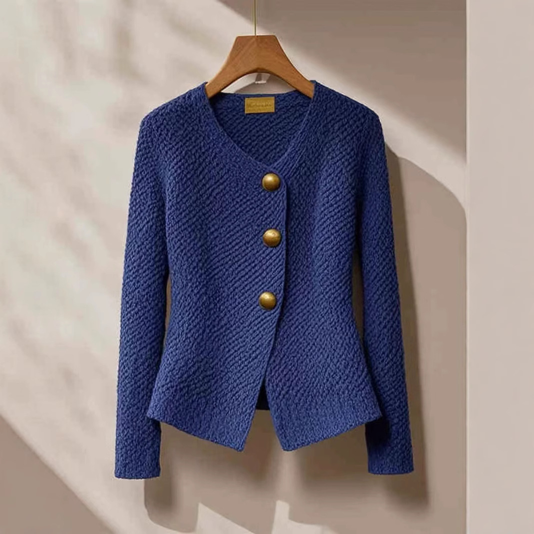 Early Autumn French High-end Blue Knitted Coat Women's 2024 New Entry Luxury Unique Sweater Cardigan Top