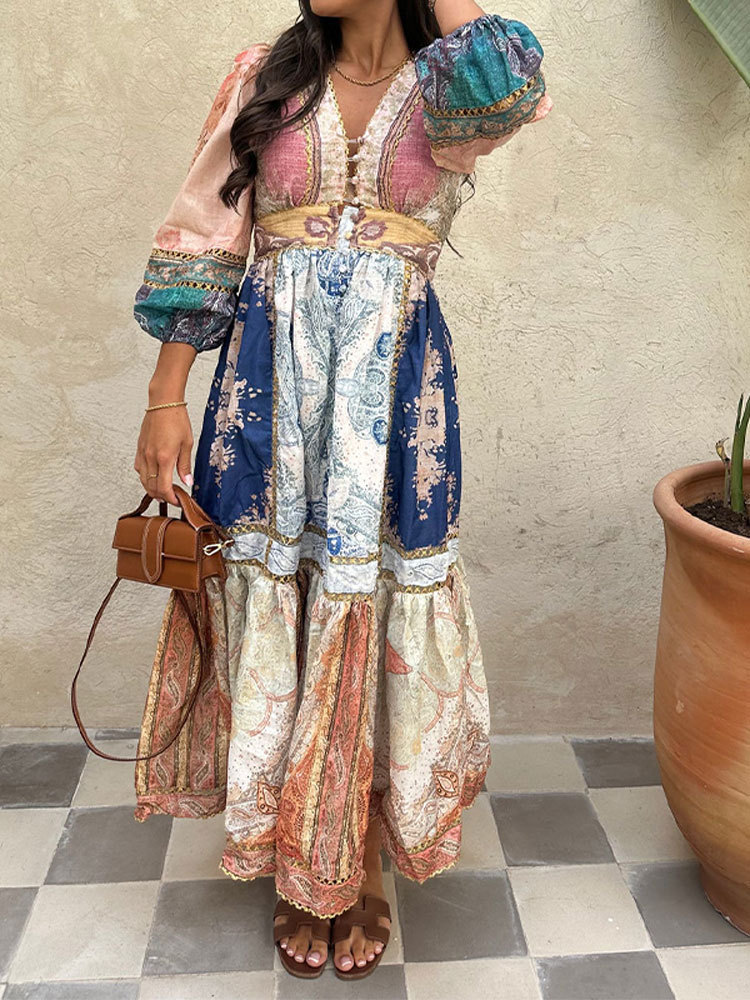 2025 Amazon Cross-Border New Retro Printed Ethnic Style Long Dress Puff Sleeves Women's Vacation Commuting