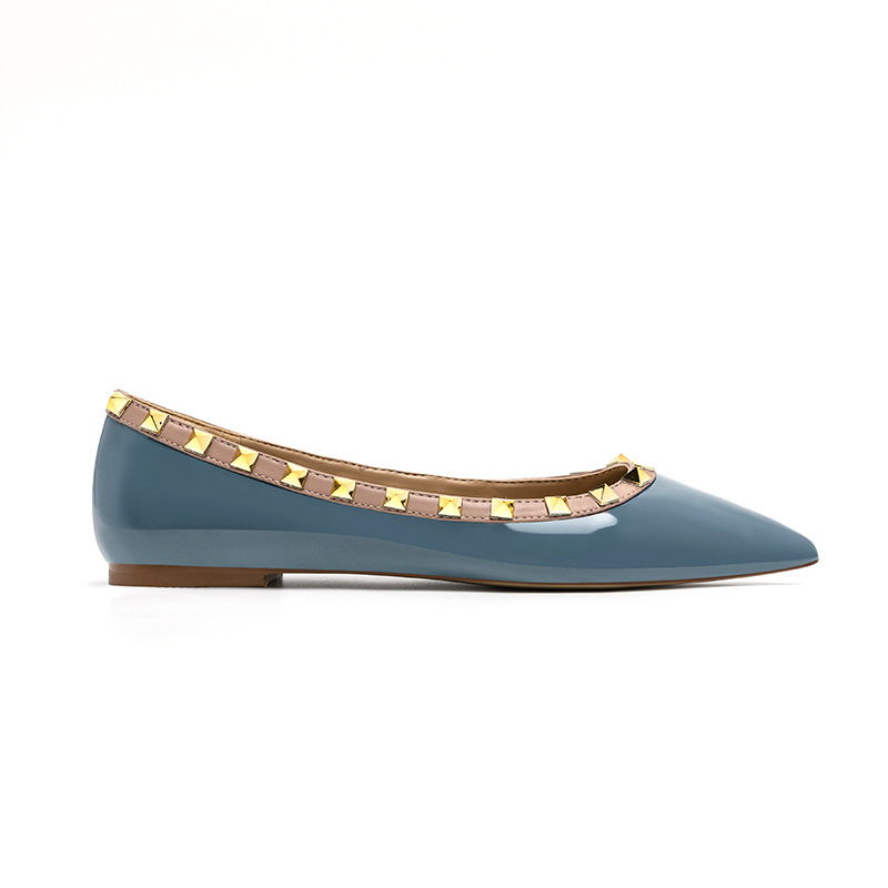 Picture of Nude Pointed Toe Shoes for Women 2024 Spring Shallow Patent Leather Versatile European and American Soft-Soled Boat Shoes Flats-Soled Rivet Shoes for Work Clothing