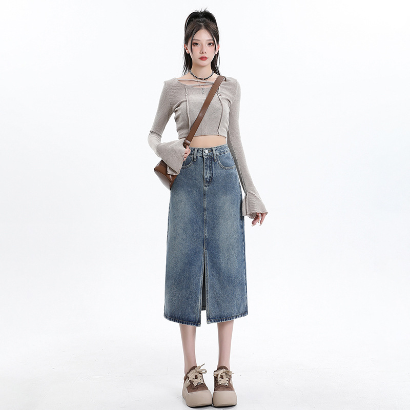 High Waist Split Denim Skirt Women's 2024 New Spring and Summer Mid-Length Hip Covering A- Shaped Small Hip Skirt