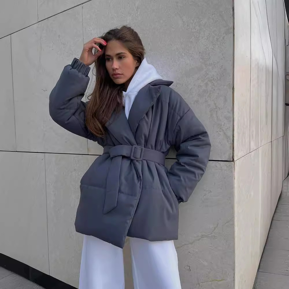 2024 Amazon Europe and the United States cross-border winter new thick lapel waist cotton-padded jacket thin solid color cotton-padded jacket coat women