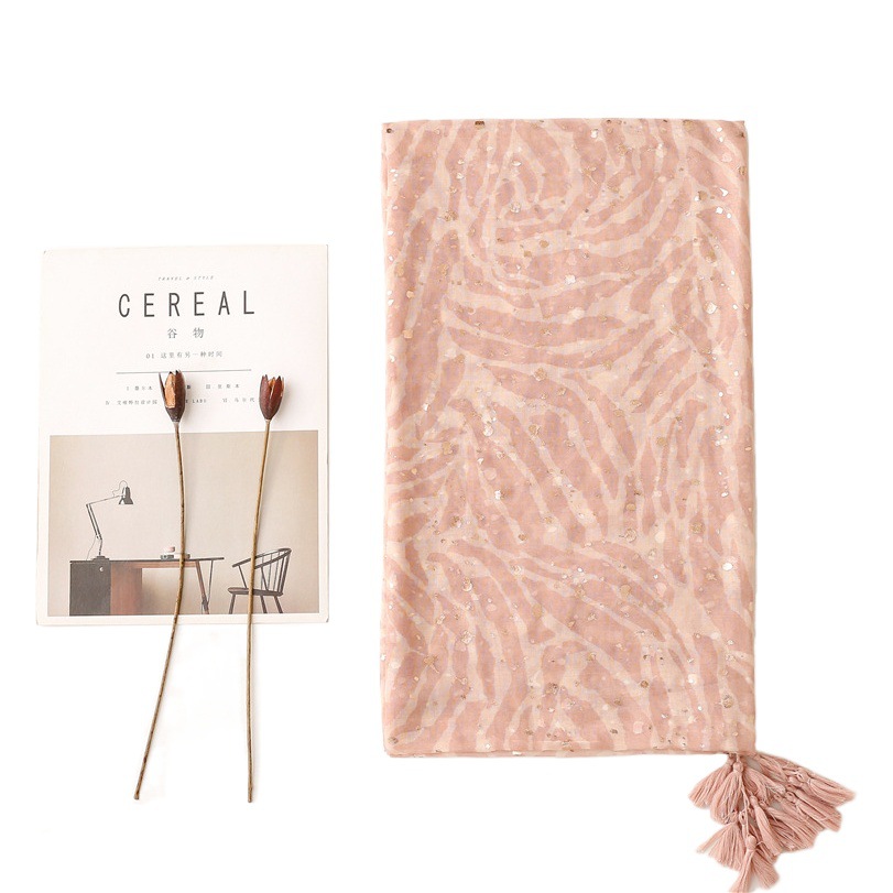 Simple and Elegant Japanese Style Fresh Cotton and Linen Hand-Feel Scarf Silk Scarf Bali Gauze Bronzing Zebra Pattern Tassel Travel Shawl Women
