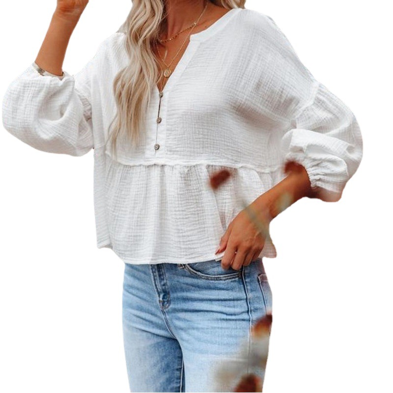 Spot! European and American Spring and Autumn Explosions Amazon Independent Station Solid Color Jacquard Cotton Lantern Sleeve Fashion Pullover Top
