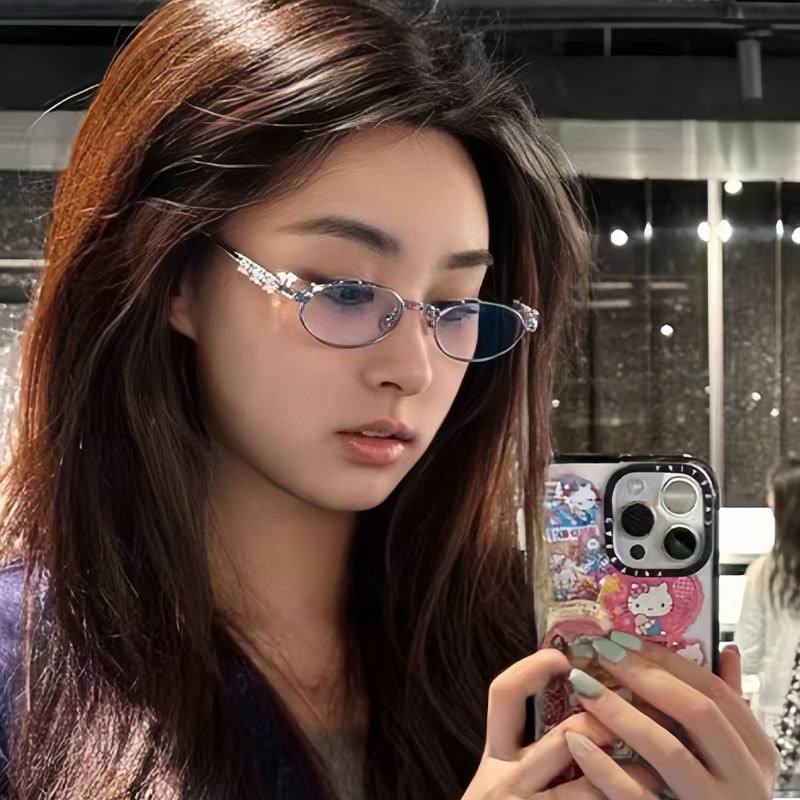 Diamond-encrusted Oval Metal Glasses Frame Pearl Small Frame Glasses Frame Advanced Sense Plain Face-free Can-fit Myopia Flat Lens