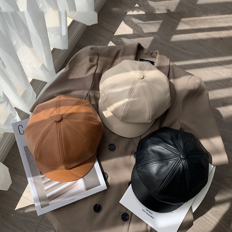 Korean Leather Beret Children's Winter Korean Style Student Cute All-match pu British Style Octagonal Cap Pumpkin Cap