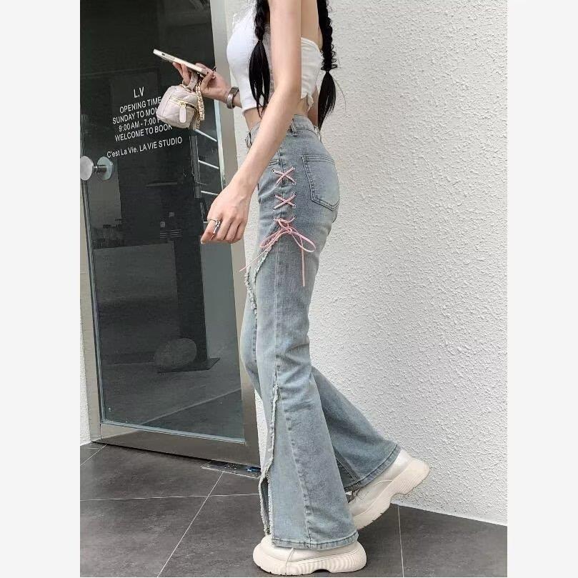 Niche Strap Micro-flared Jeans Women's Autumn New Stretch Split Hot Girl Slim-fit High Waist Slim Long Pants