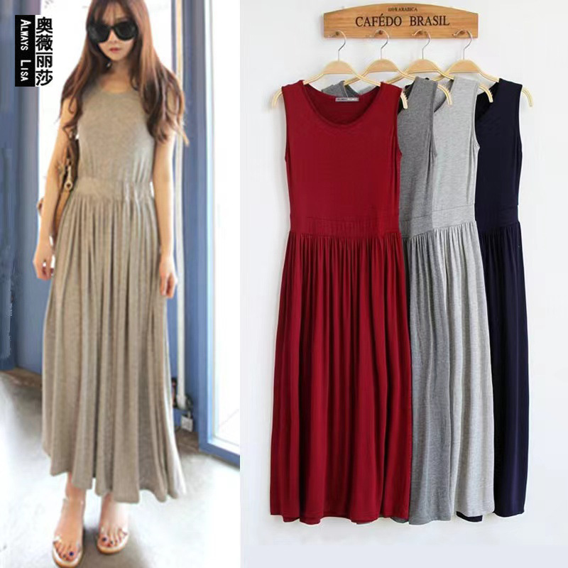 2023 Women's Summer Dress Modal Slim Dress Large Size Tight Waist Long Dress Slim Fit Tank Skirt Pleated Base Skirt