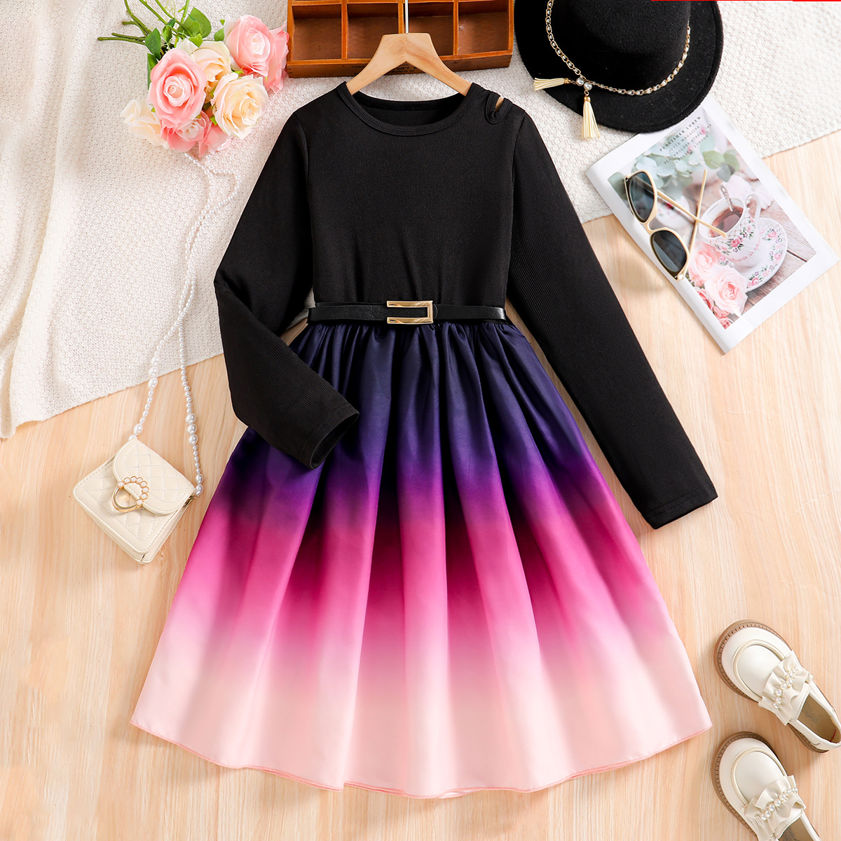 Picture of Girls' Spring and Autumn dress 2025 Children's Wear New Autumn Wear Colorful Gradient Cyber Celebrator Hot Style Children's Long Sleeve Skirt