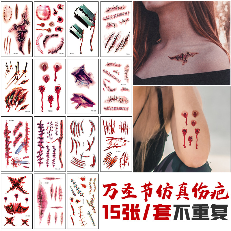 in stock Quick Hair Set Halloween Tattoo Stickers Cross-border Source Horror Scar Tattoo Face Stickers