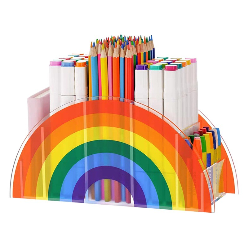 ins style acrylic Rainbow storage box desktop office stationery classification pen holder semicircle 5 grid brush storage box