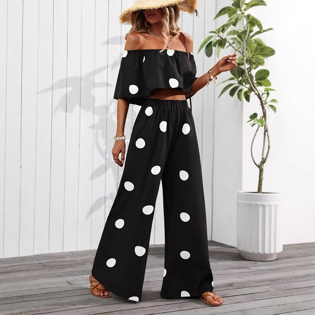 European Size Amazon Cross-Border 2025 Summer New Women's Elegant Vacation Polka Dot Tube Top Top Pants Suit