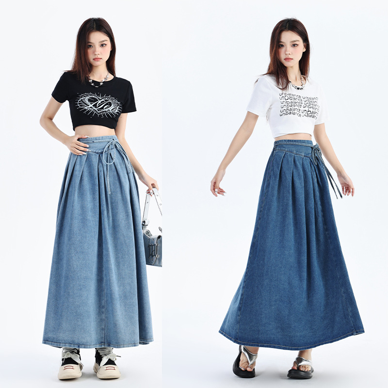 Design Sense Strap Denim Skirt Women's Summer Loose Slimming Large A- line Pleated Skirt High Waist Niche Long Skirt