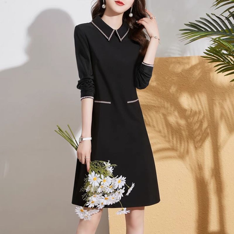 Black Skirt 2023 Spring and Autumn Hepburn Style Polo Collar Stitching Ribbon Long Sleeve Big Swing Slim A- line Dress