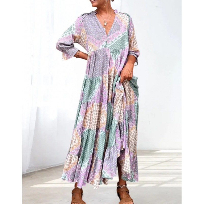 2023 Europe and the United States cross-border summer new Amazon hot V collar color matching casual loose dress