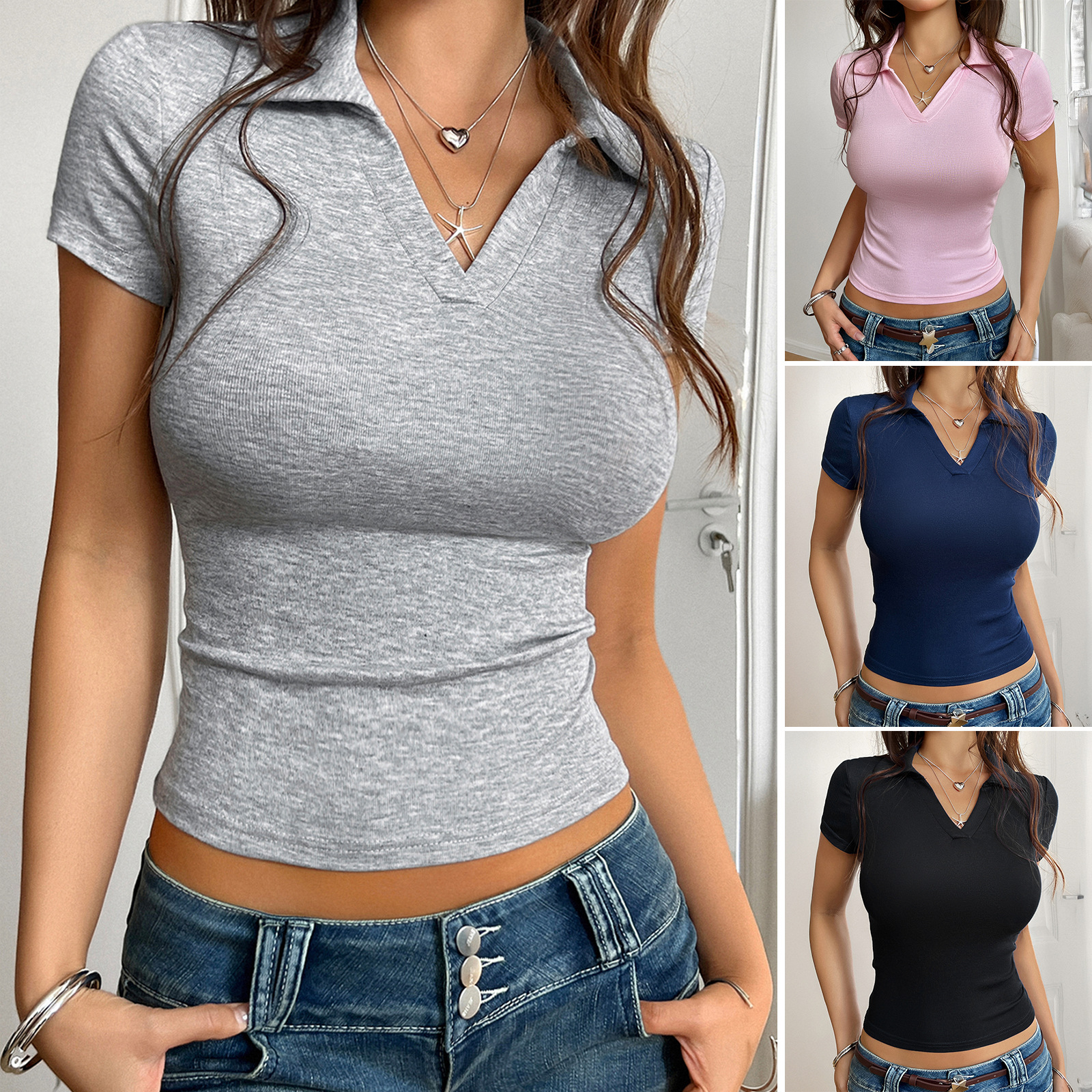 Di Yun Cross-border 2025 Spring and Summer European and American Women's Clothing Amazon Casual Slim Y2K Knitted Short-sleeved bm Top