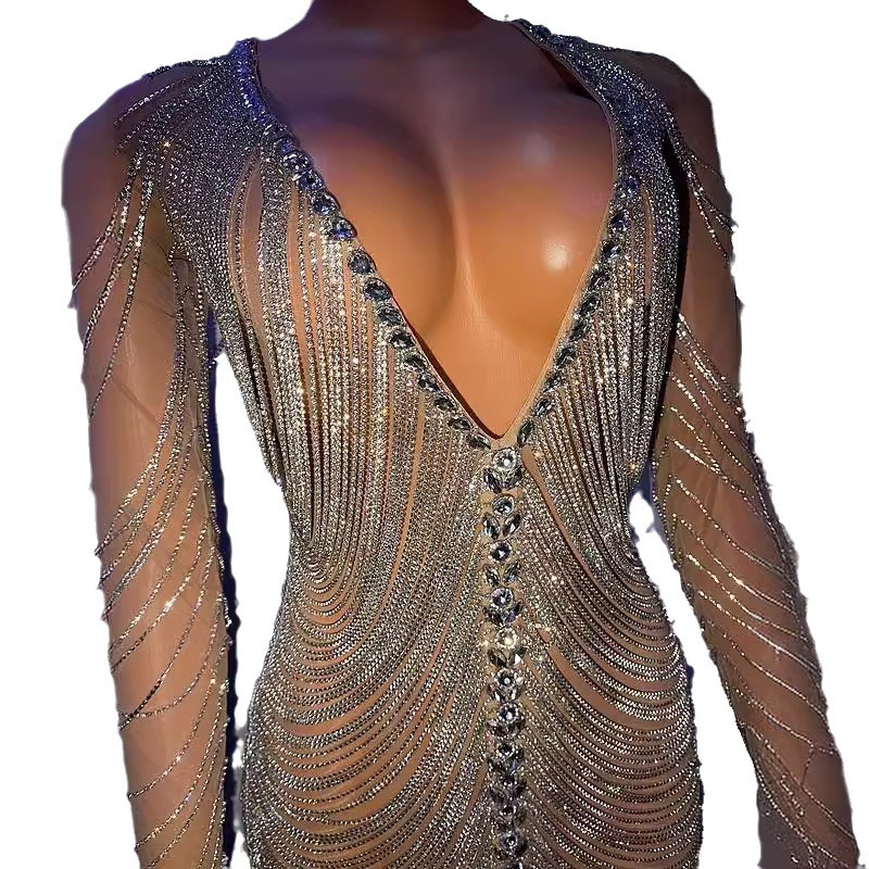 Picture of Female Singer Host Silver Elastic Rhinestone Diamond Chain Tassel Slimming Look Hip Short Skirt Dress Performance Stage Clothing