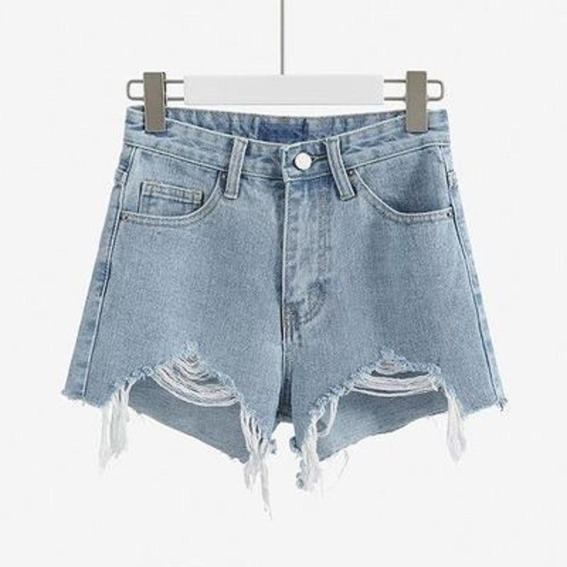 Picture of Cotton-Containing Ripped High-Waisted Denim Shorts for Women Summer 2021 Versatile Slimming Look A-Line Pants Raw Edge Frayed Wide-Leg Pants for Women