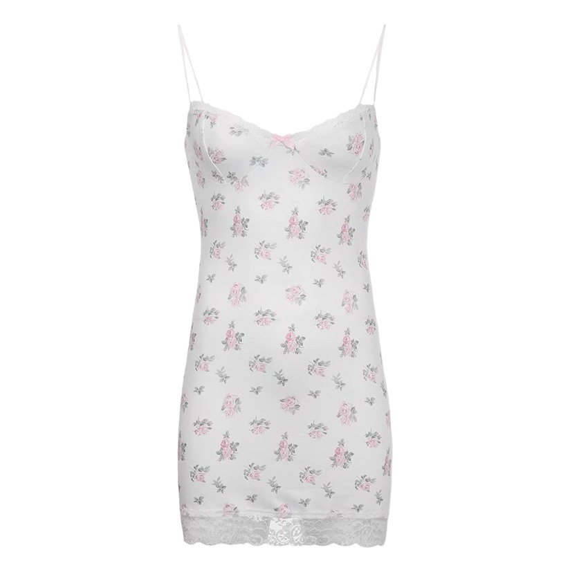French floral lace strap nightdress with chest pad women's net red pure desire style sexy pajamas small chest sweet homewear