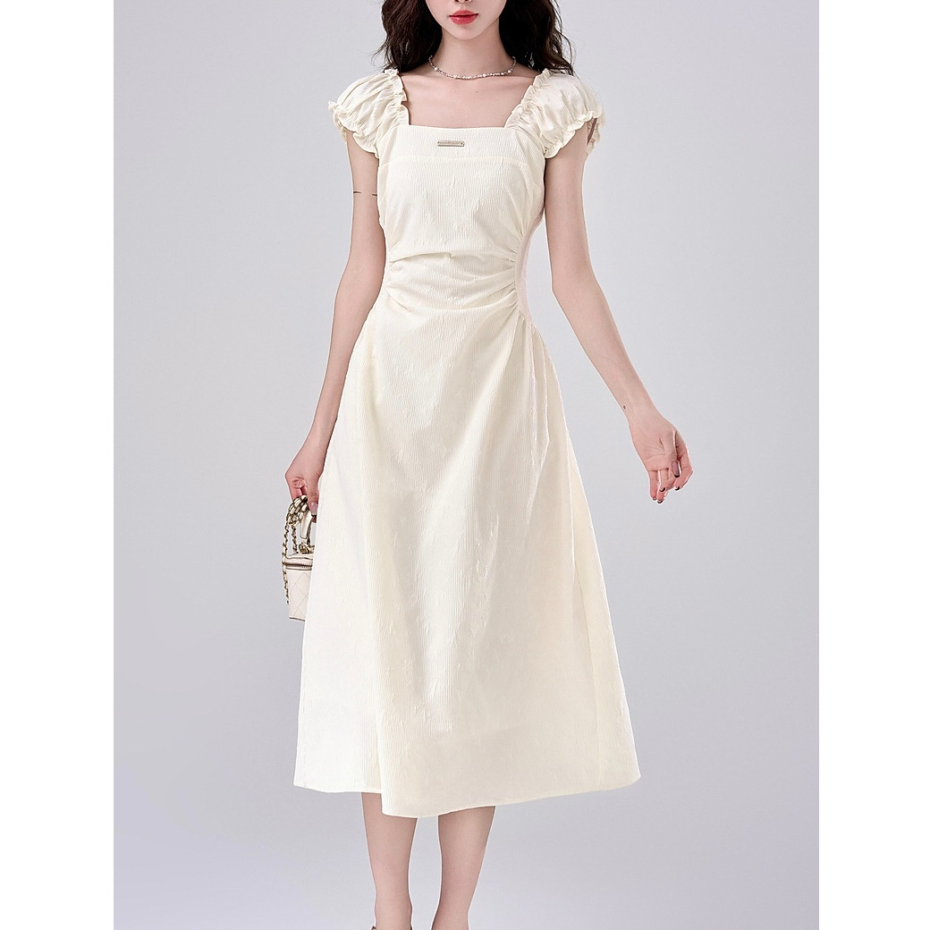 French Square Neck White Dress Summer 2025 New First Love Style Pure Milk Sweet Petite Waist Long Dress