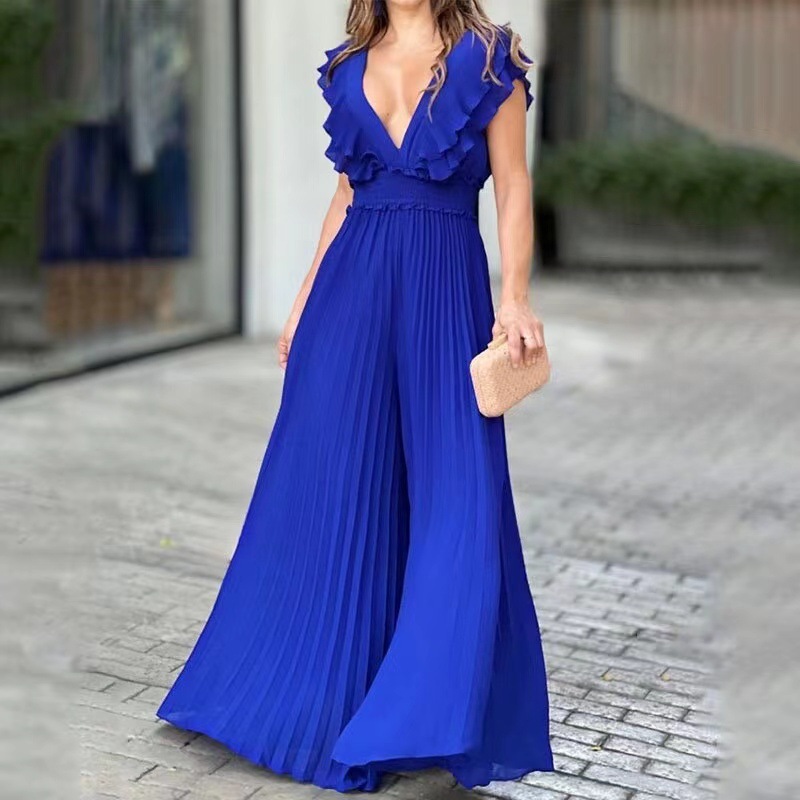 High quality Original Single High-end European and American Women's Clothing Ruffled Deep V High Waist Trousers Fashion Wide Leg Jumpsuit