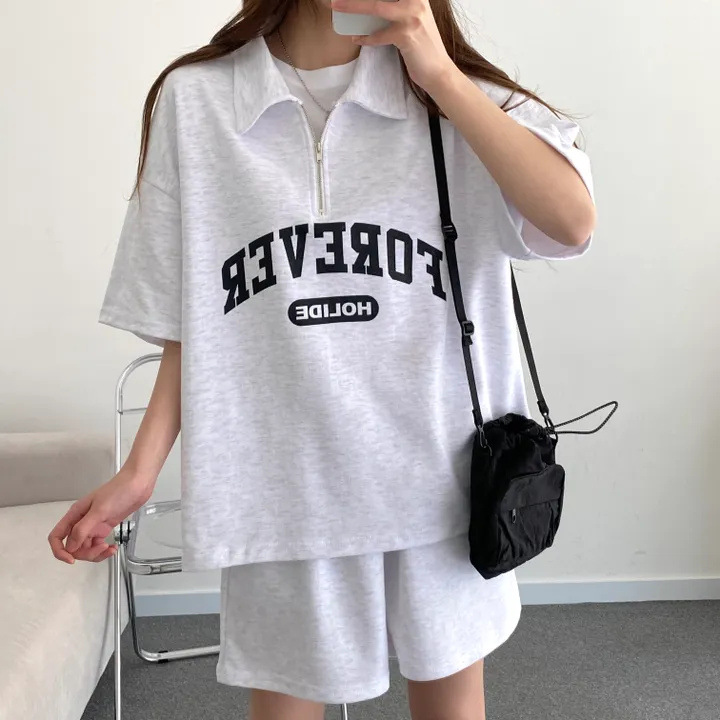 100 Cotton Set with Zipper Women's Foreign Trade Letter Short-sleeved Shorts Women's Summer Fashion Korean Two-piece Solid Color