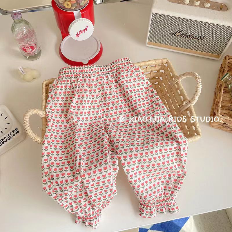 Picture of Girls' Holiday Sunscreen Pants Children's Retro Floral Summer All-match Anti-mosquito Pants Summer Printed Mid-waist Beach Pants