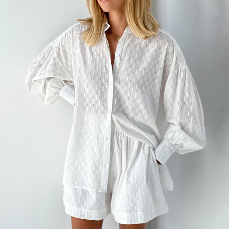 2025 Amazon European and American Shirt Jacquard Bubble Sleeve Temperament Top Shorts Commuter Design Leisure suit
