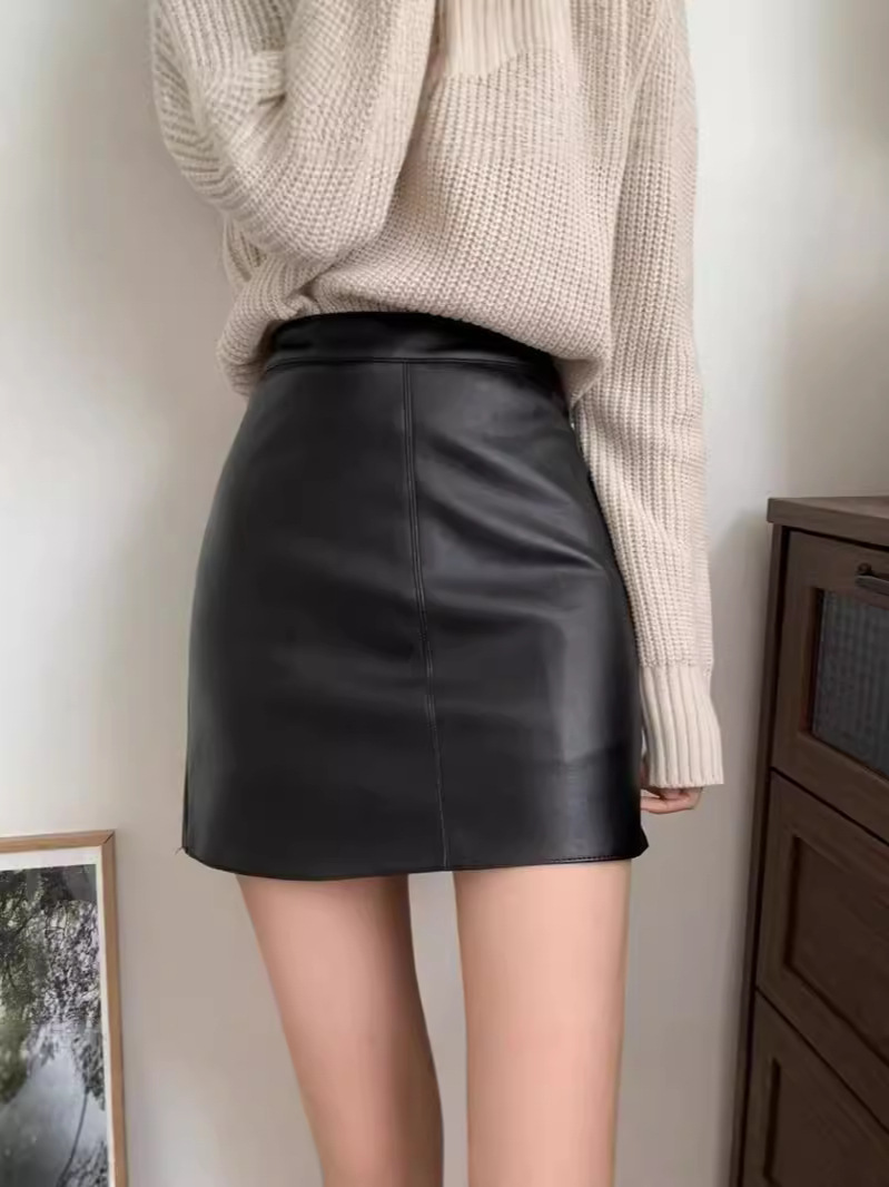 Black A- line Small Leather Skirt Skirt Women's Autumn and Winter New Solid Color All-match Slim-fit Slimming One-step Skirt pu Leather Skirt
