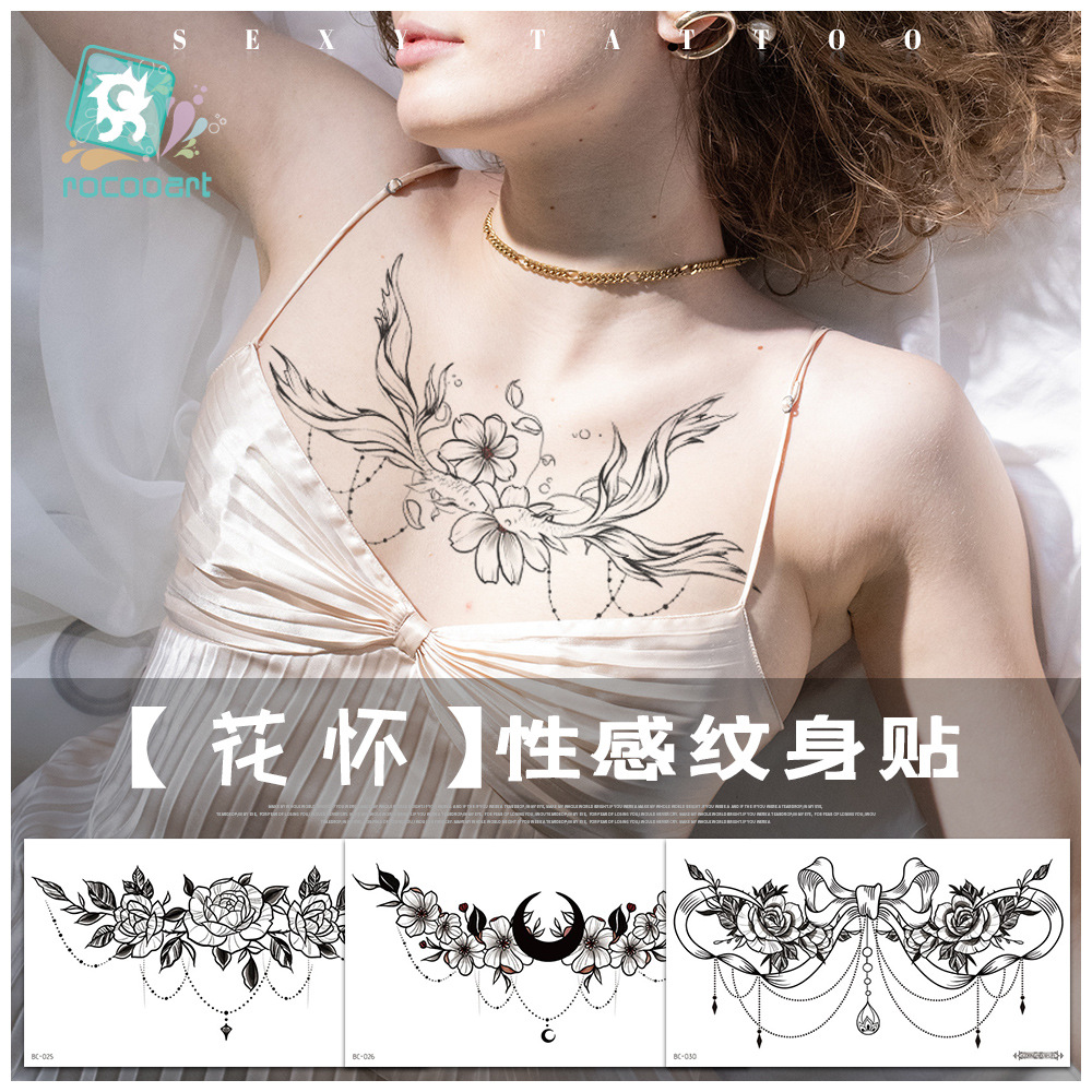 Picture of 2022 new cross-border supply waterproof tattoo stickers simple black and white flower sternum stickers personalized tattoo wholesale