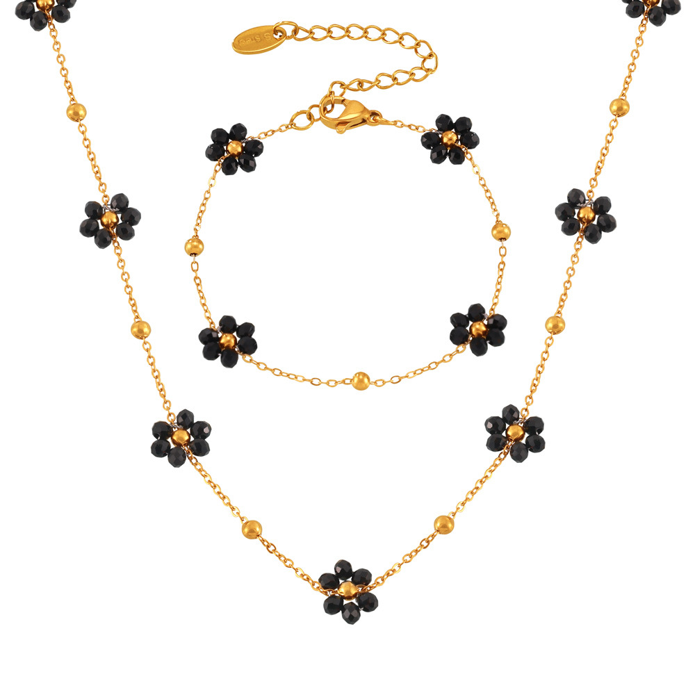 Picture of British style retro niche personality simple versatile jewelry natural stone beaded flower shape titanium steel jewelry suit