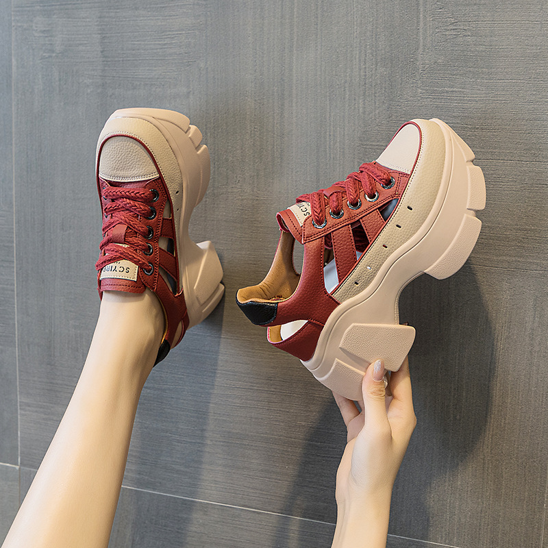 Thick-Soled 2025 New Summer Outer Wear Cut Out Dad Shoes with Increased Height Casual Small Leather Shoes Breathable Women's Sandals