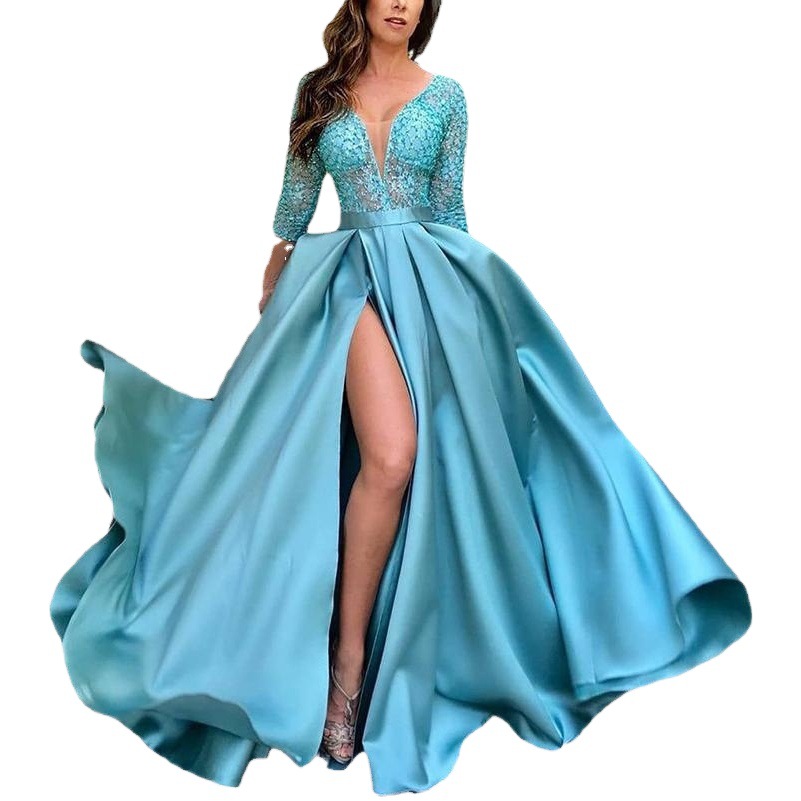 2025 New European and American Export Women's Clothing Independent Station Lace Sequin Large Hem Sexy Long Skirt Trailing Banquet Evening Dress