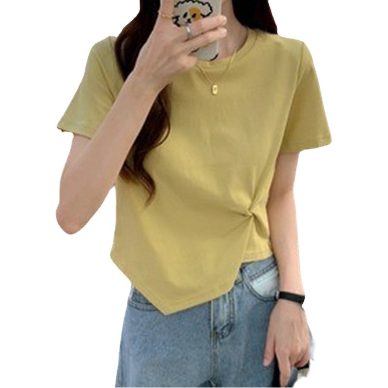 New (6535 Cotton) Spring and Summer Korean Short Personality Design Sense Top Short Sleeve Women's T-Shirt Women's Cotton Top