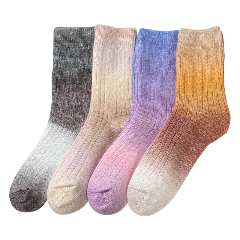 Autumn and Winter thick thread double needle gradient color mid-calf length socks women fleece-lined warm cold-proof Terry socks sleep long wool socks