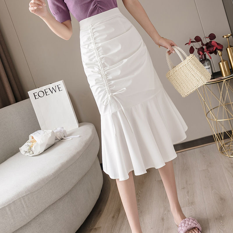 2025 Spring and Autumn New Fishtail Skirt High Waist A-Line Skirt Fashion Drawstring Irregular Mid-Length Hip Skirt