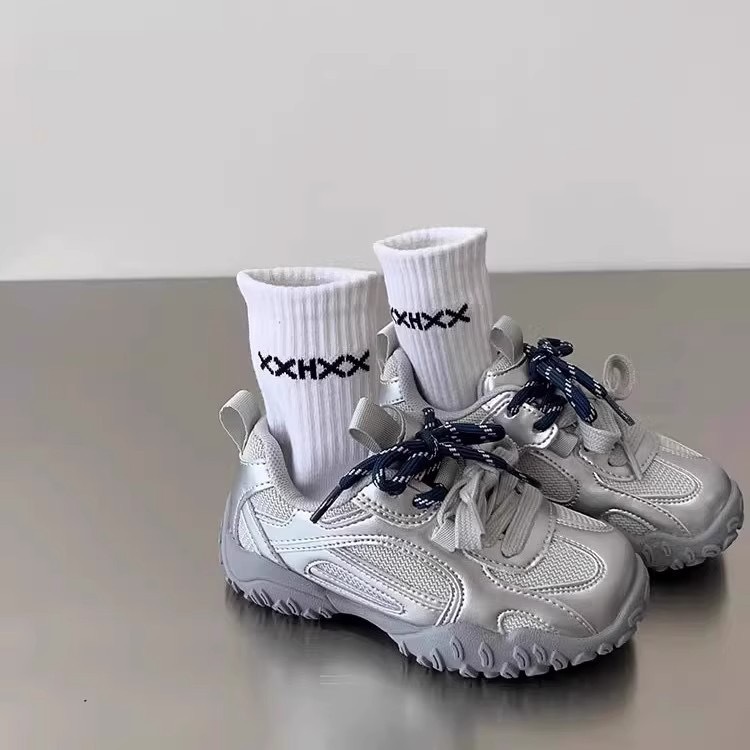 Children's sneaker silver Korean Style 2025 Spring Girls' Torre Shoes Mesh Breathable Boys' Casual Shoes Trendy