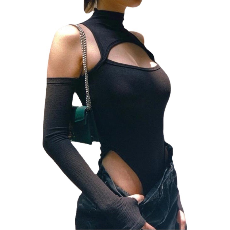 INS European and American Foreign Trade 22 New Sexy Hollow Shoulder Slim-fit Pure Desire Dark Long Sleeve Base Siamese T-shirt for Women