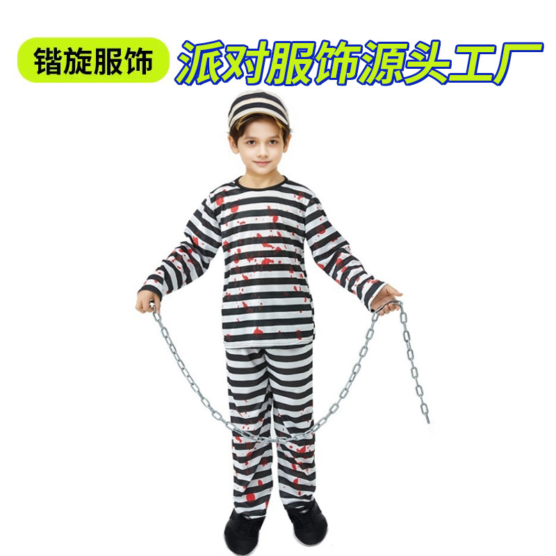 Halloween Men's Striped Prisoner Clothes Plasma Chain Hat suit cosplay Horror Children's Zombie Playing Clothes