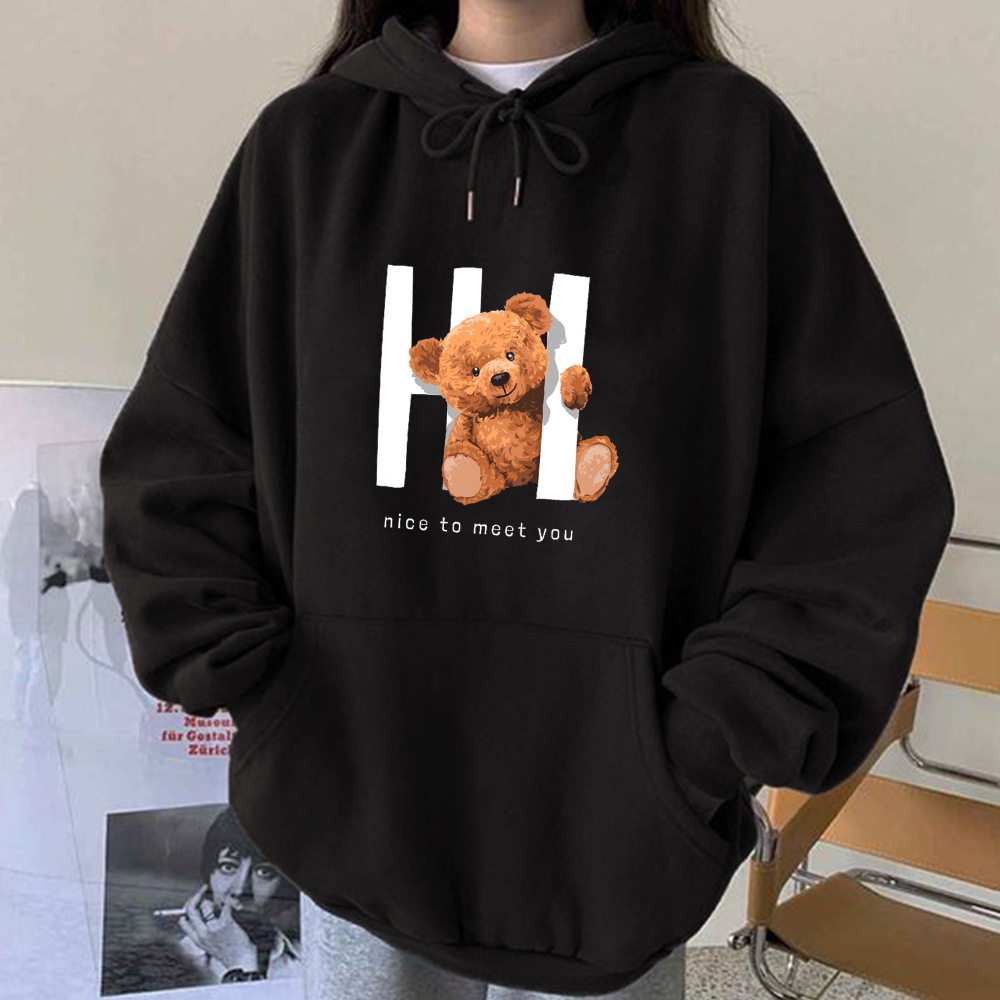 Autumn 2021 Cross-border Letter nice to meet you Bear New Women's Shoulder-drop Hooded Sweater
