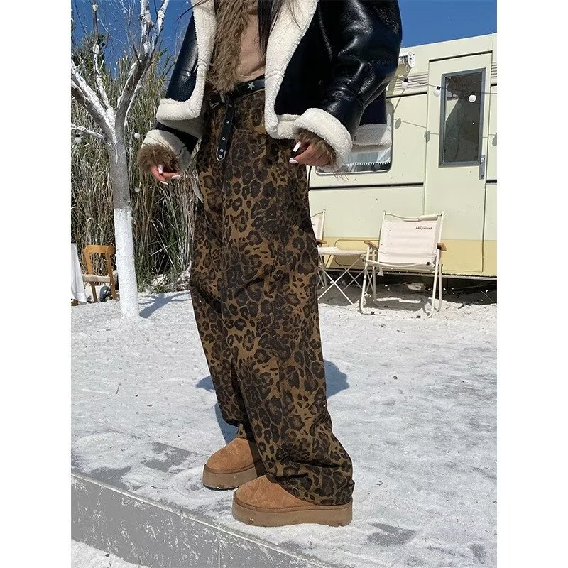 Cross-border High Street Leopard Print Pants Women's Loose Wide Leg Jeans Men's Autumn and Winter New 2023 American Casual Pants for Winter