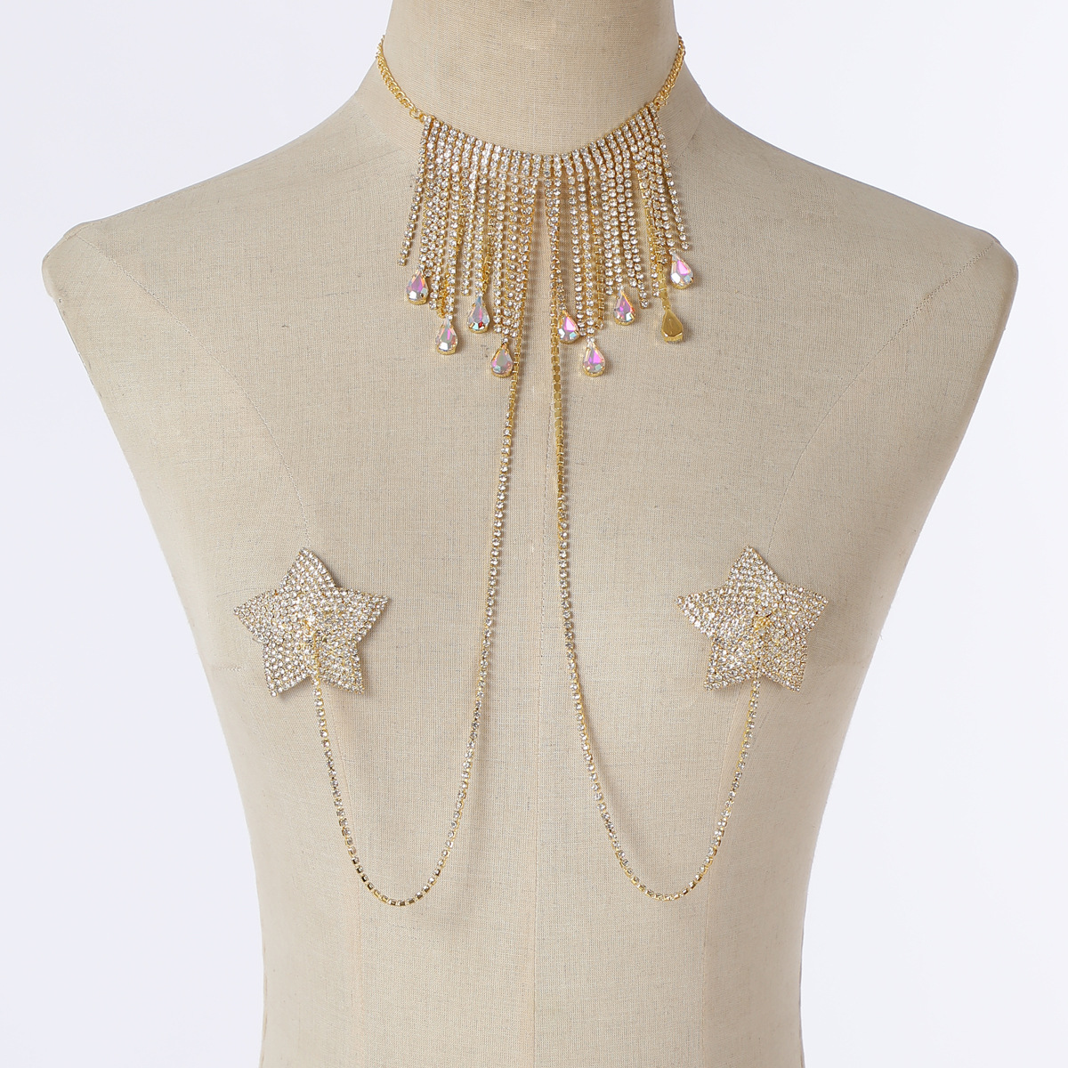 2023 new cross-border chest jewelry fashion shiny rhinestone five-pointed star tassel chain neck necklace chest chain