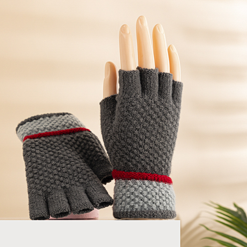 Korean men's half-finger stretch warm open-finger gloves knitted wool student writing women's winter five-finger riding gloves
