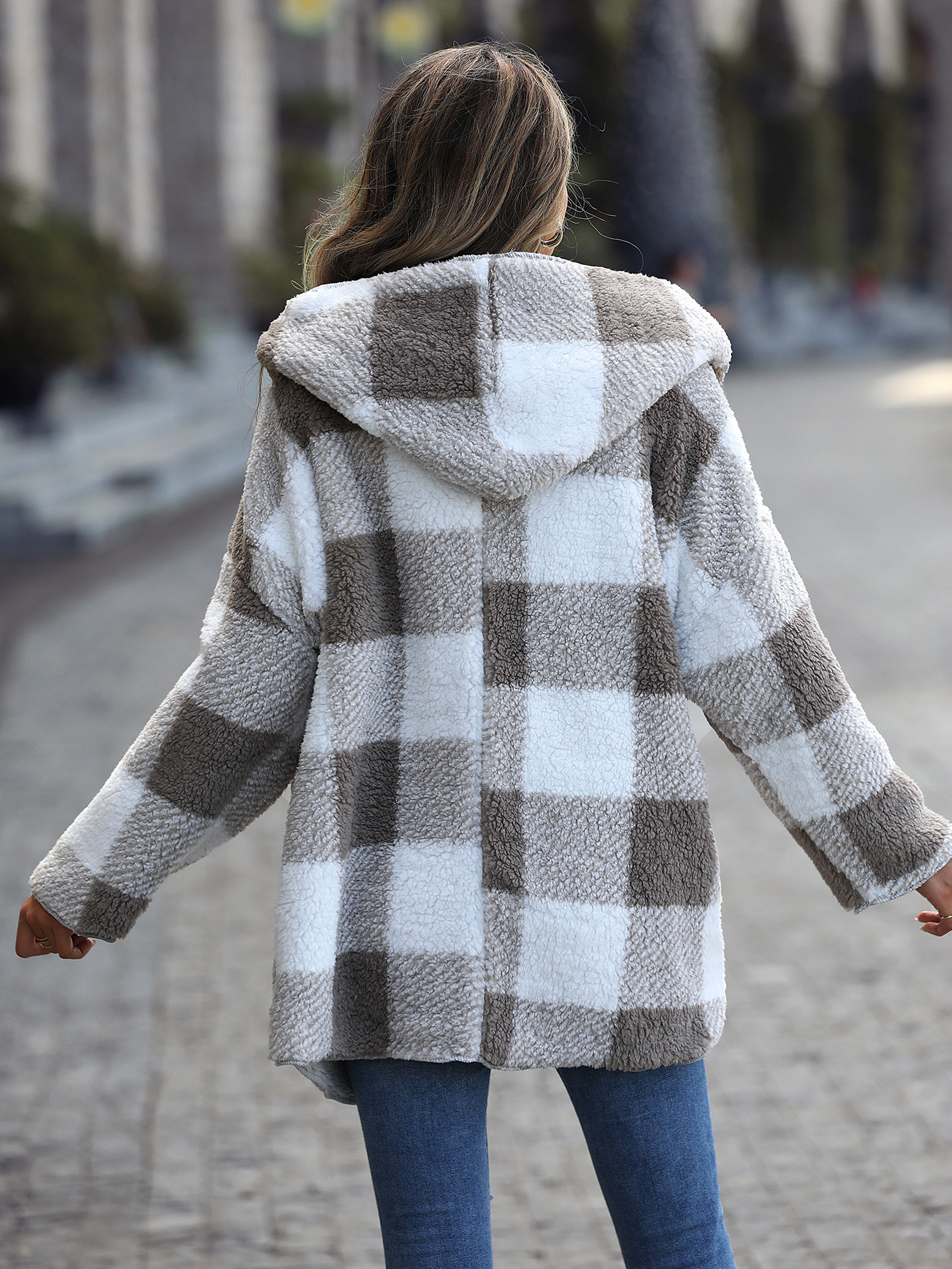 Picture of Flash Velvet European and American New Casual Plush Women's Hooded regular Long Sleeve Loose Plaid Bubble Velvet Coat