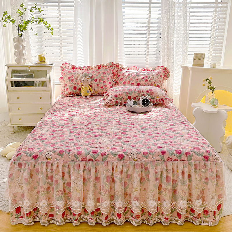 Cotton Bed Skirt Single Piece Princess Style Girl's Lace Bedspread Three-Piece Set Cotton Thickened Quilted Non-Slip Bed Style